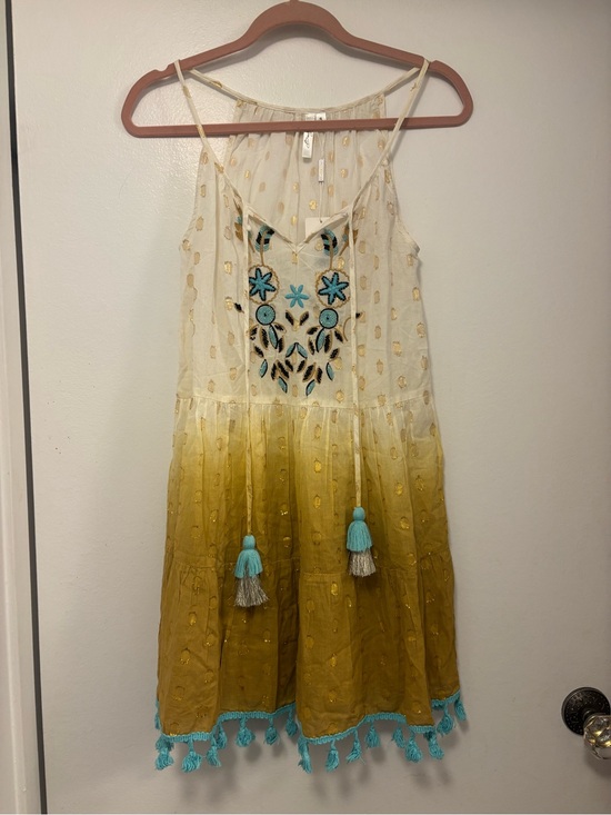 Buby’s Dresses & Skirts - New festival boho Cream to yellow Ombre Mini Dress with Turquoise Tassels